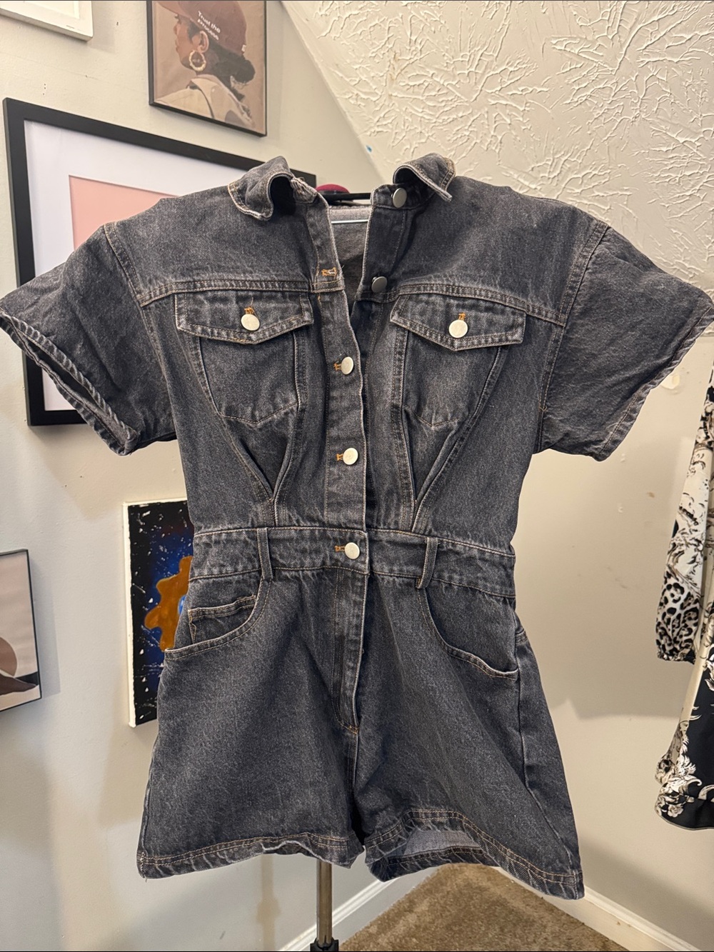 Black Washed Denim Short Sleeve Romper